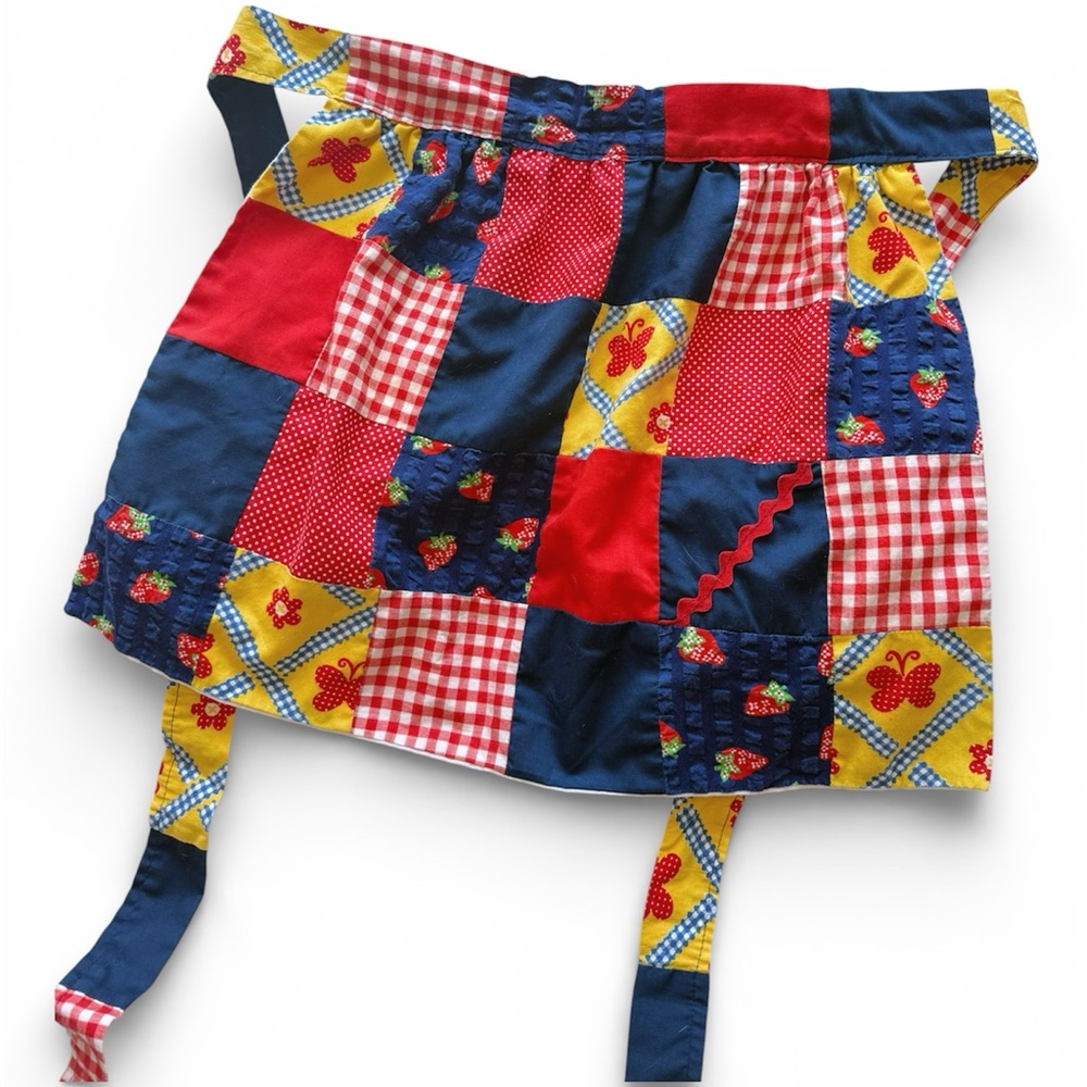 Vintage 60s 70s Patchwork Half Apron Colorful Cottagecore Strawberry Gingham